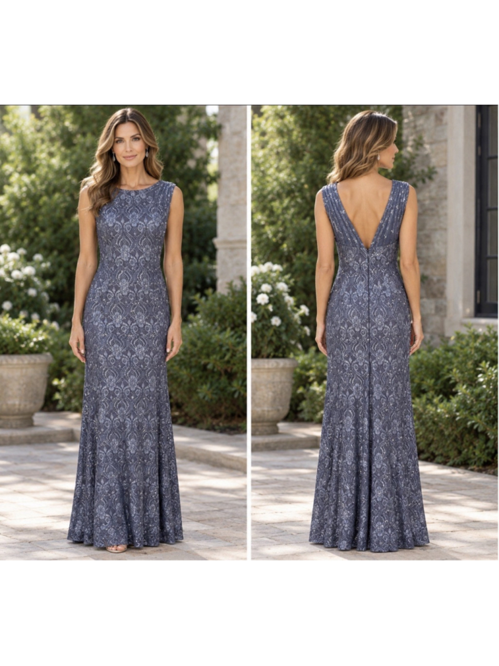 R & M Richards Sequin Gown 12 Blue Gray 3198 Formal Wedding Guest Gala NEW
